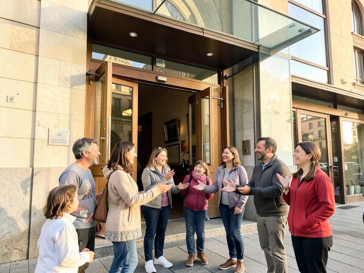 Familias saludándose a la entrada de la iglesia